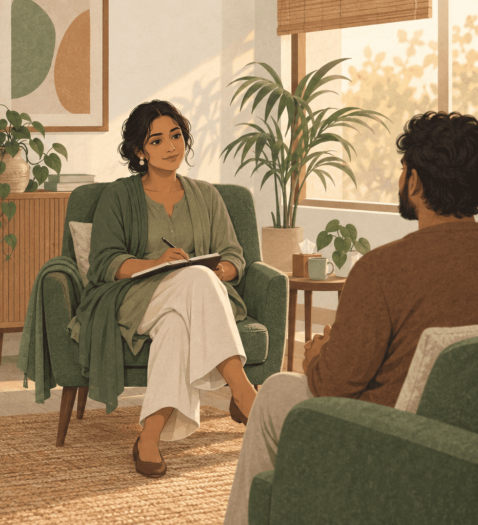 A therapist in a calm, plant-filled room listens to a client and takes notes