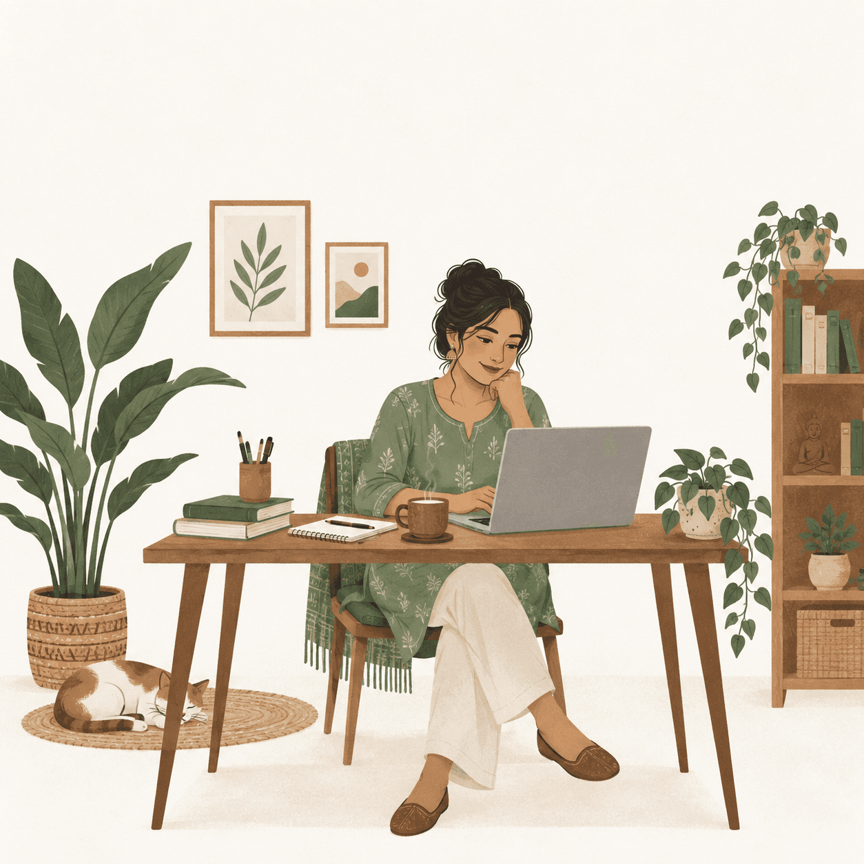 A therapist working at a desk at home, a cat asleep nearby