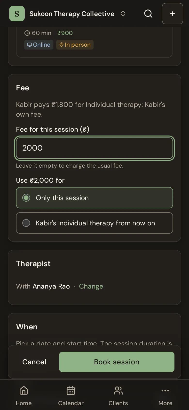 The Fee section of the booking form with a new amount and the two choices