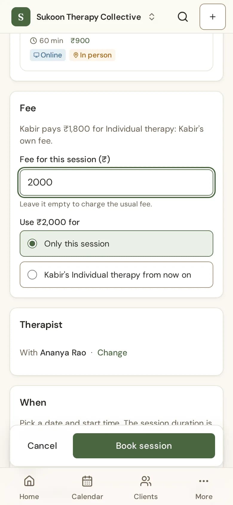The Fee section of the booking form with a new amount and the two choices