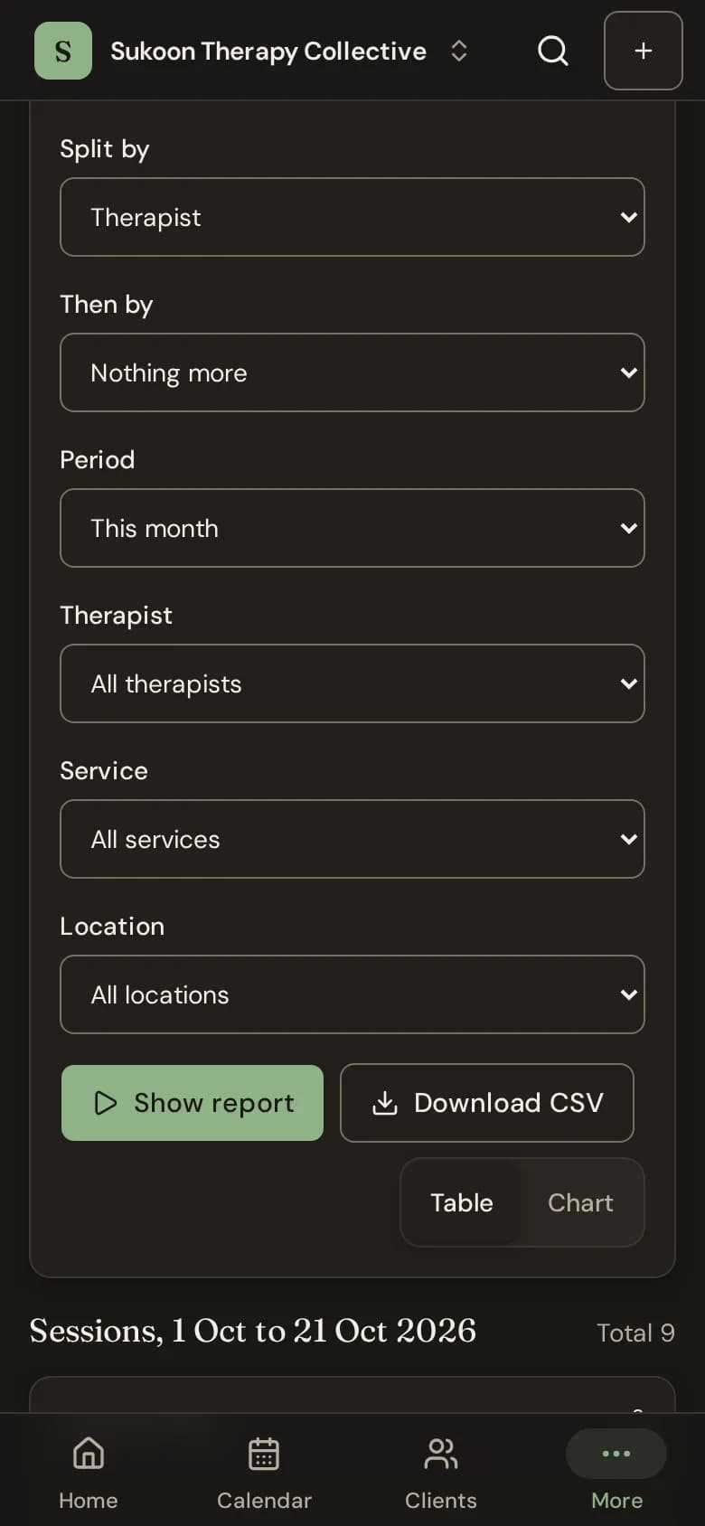A custom report of sessions split by therapist