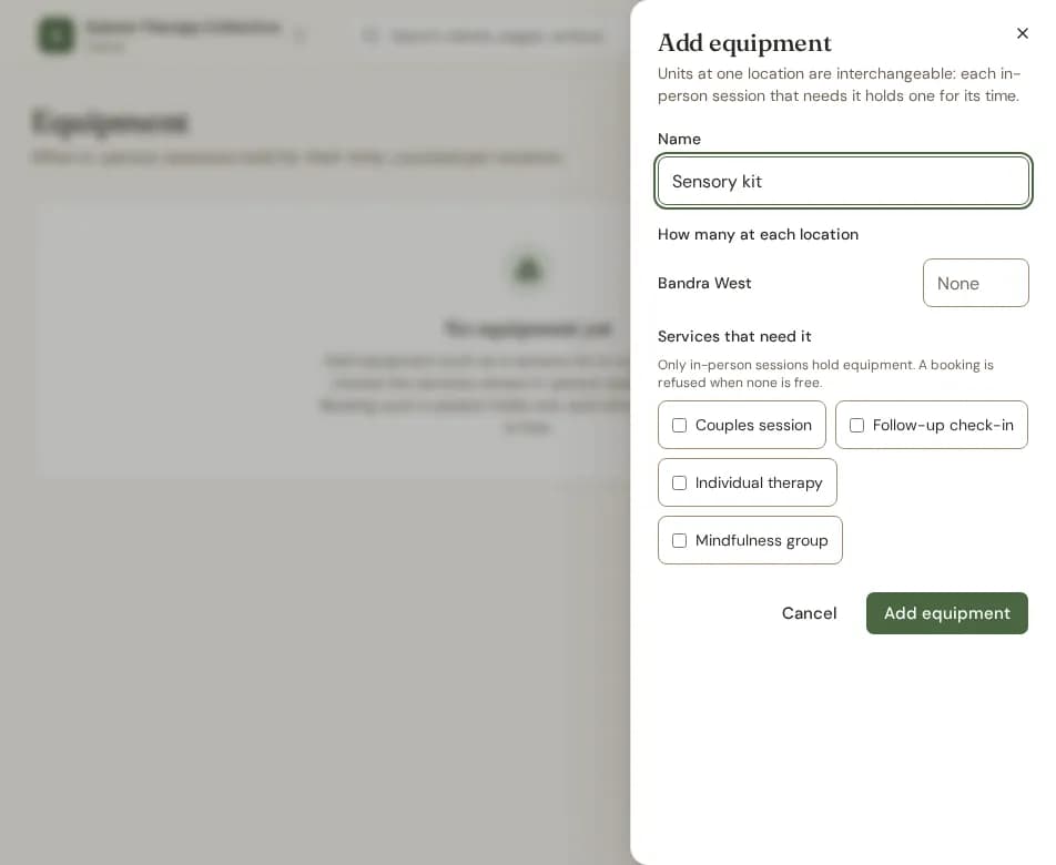 The Add equipment form with counts per location and the services that need it