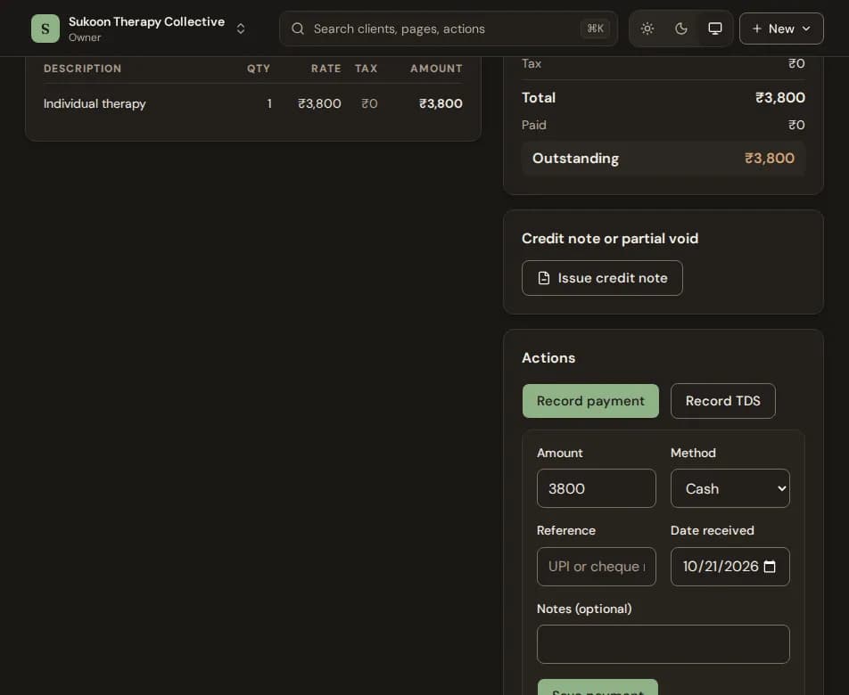 The Record payment form on an invoice