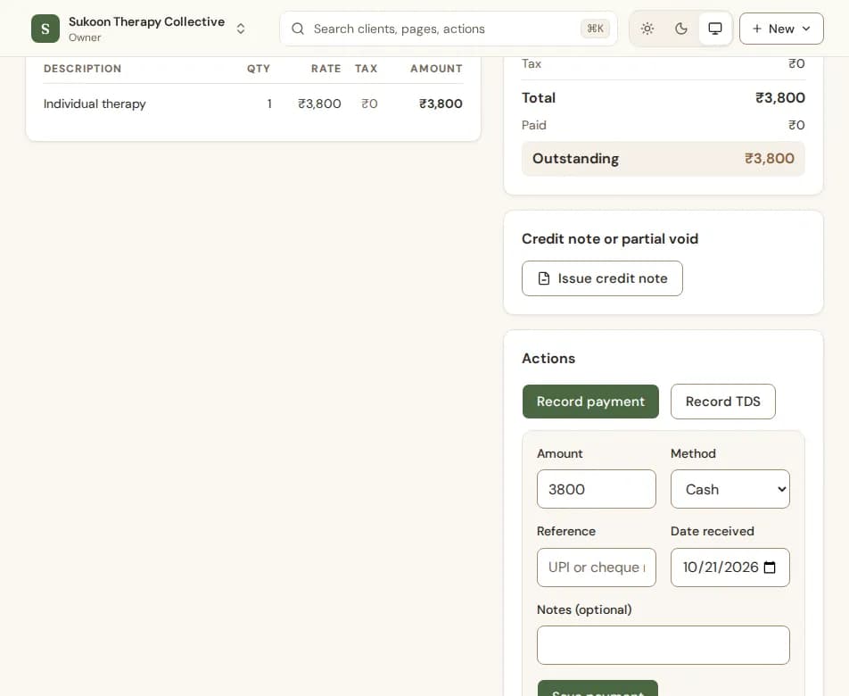 The Record payment form on an invoice