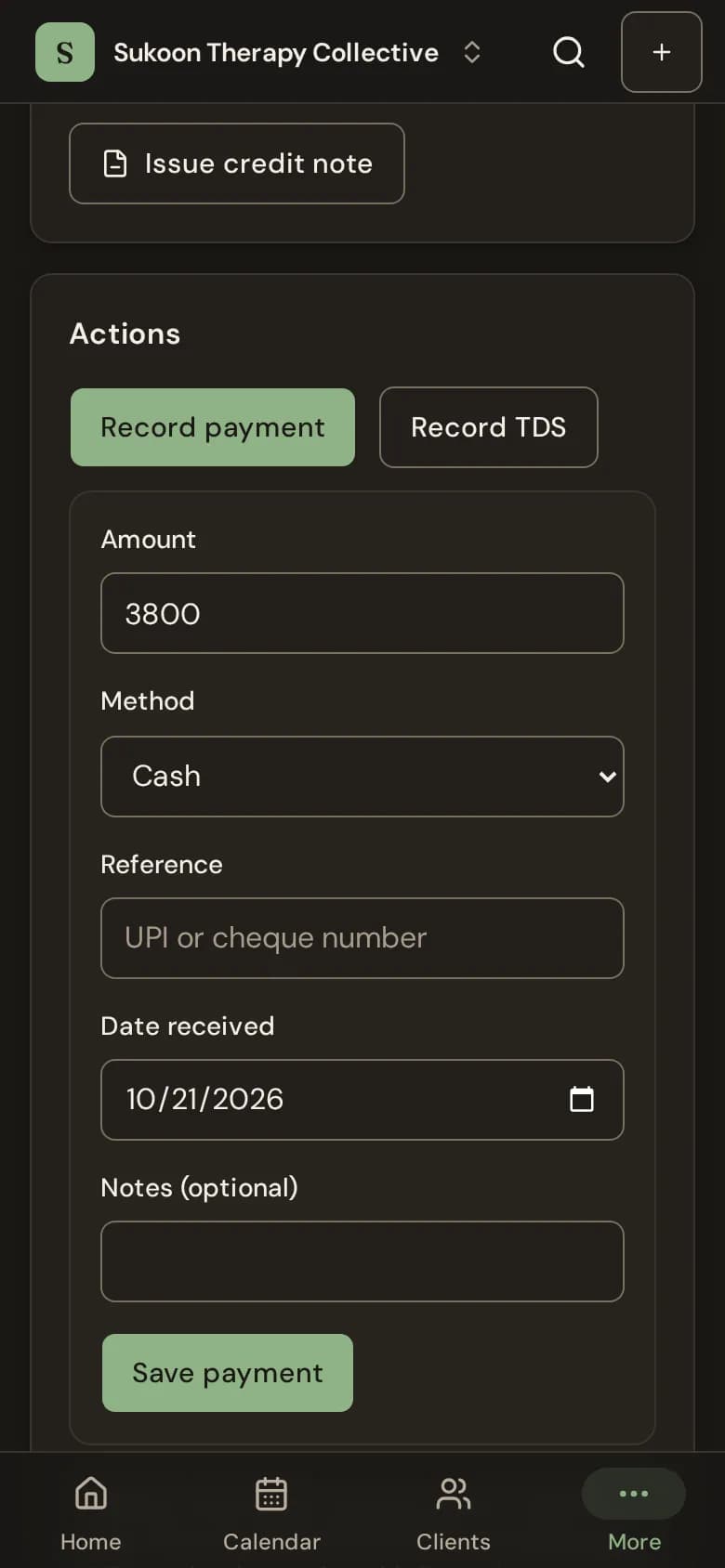 The Record payment form on an invoice