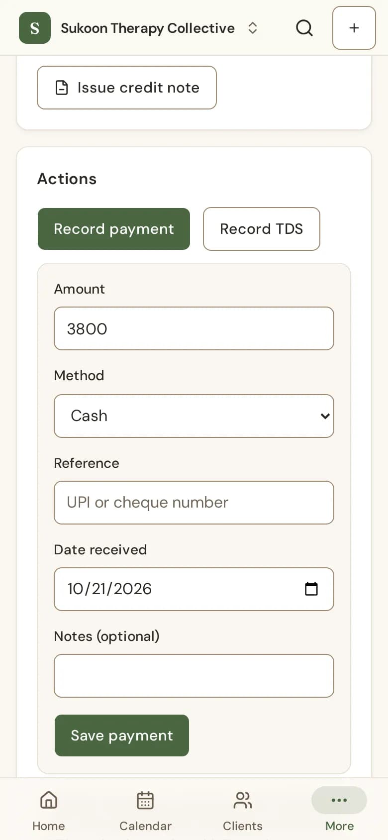The Record payment form on an invoice