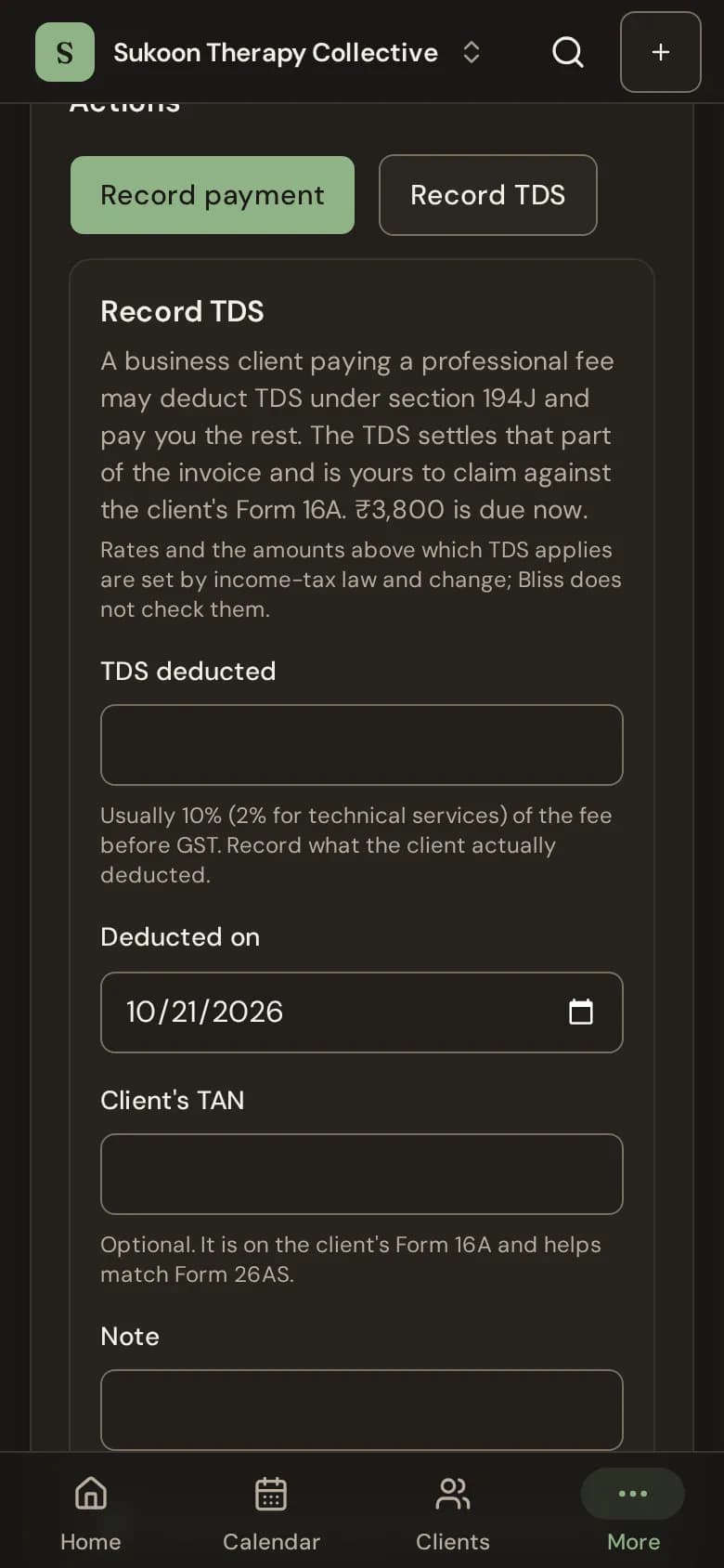 The Record TDS form on an invoice