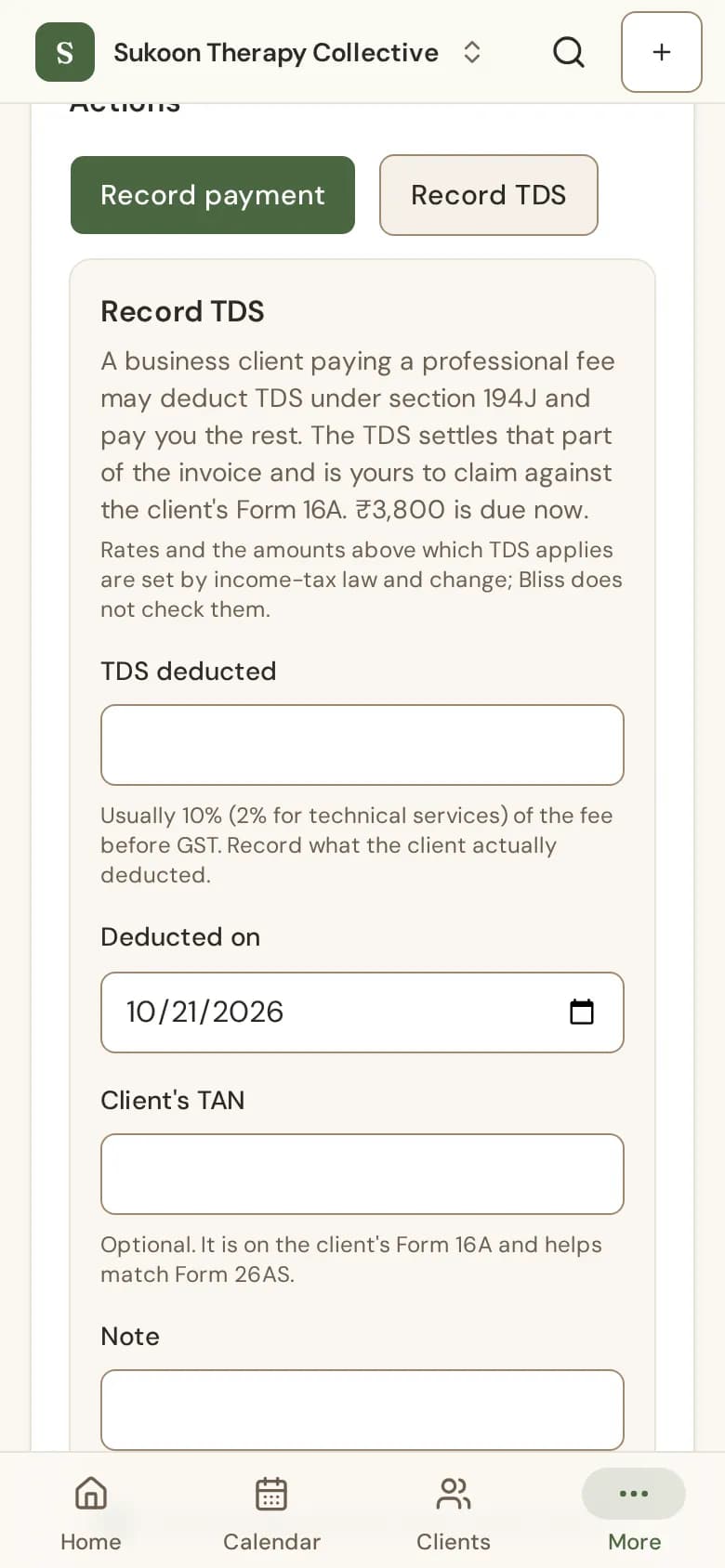 The Record TDS form on an invoice