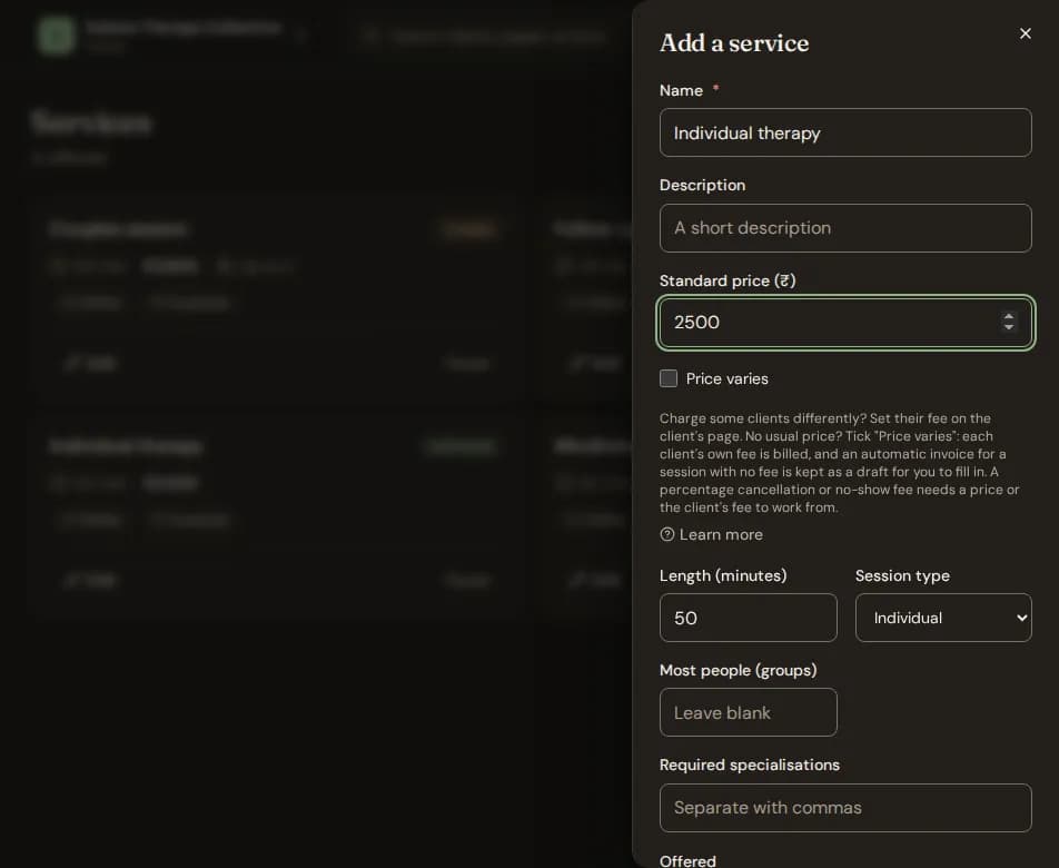 The service form with the standard price and the "Price varies" box