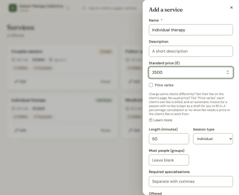 The service form with the standard price and the "Price varies" box